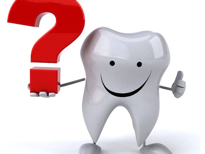 a cartoon tooth holding a red question mark and giving a "thumbs up" gesture