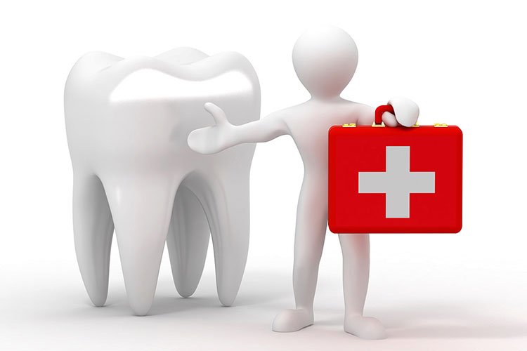 a 3D man holding a first aid kit next to a tooth