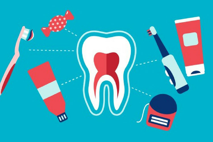 a tooth surrounded by toothbrushes, candy, toothpaste, and dental floss