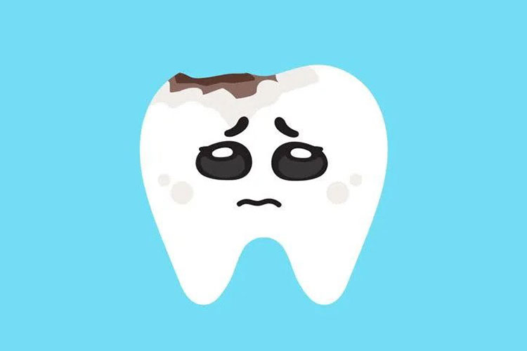 a tooth with a sad face in the blue background